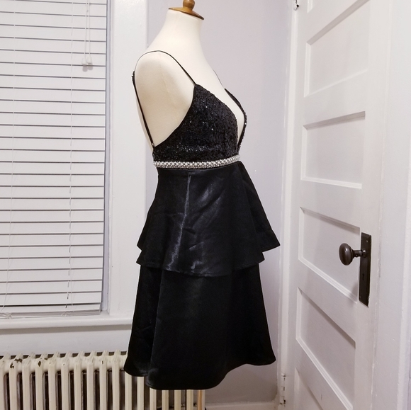 NWT Lulus Black Sequin Tiered Satin Mini Dress, Size XS - Picture 11 of 15